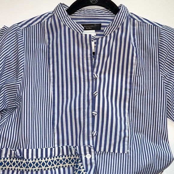 MaxMara weekend Dress striped cotton 4 stand up collar blue white belted pockets - Picture 6 of 16
